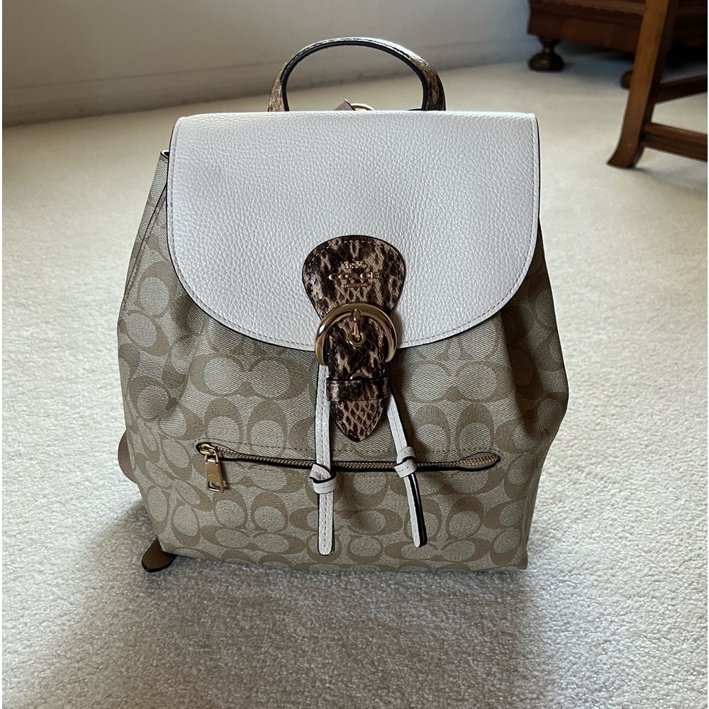 Coach White Signature Backpack with Snakeskin Detail